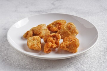 crispy fried chicken fillet on a white plate on a white background with studio lighting, suitable for product photos, brochures, catalogs, etc.