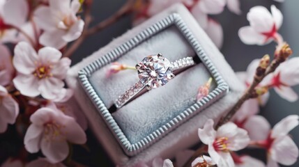 Diamond Engagement Ring in a Velvet Box Surrounded by Blossoms