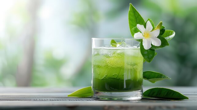 Refreshing green tea drink with ice and flower garnish on wooden table.