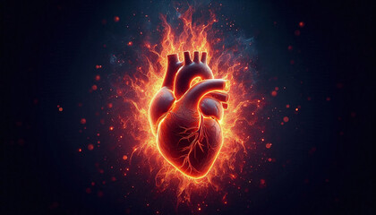 Image showing a heart burning on a dark background. Concept Heartburn Symptoms, Chest Discomfort, Burning Sensation