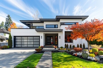 Minimalist Zen style white family house with black flat roof, and beautiful front yard with lawn in autumn	