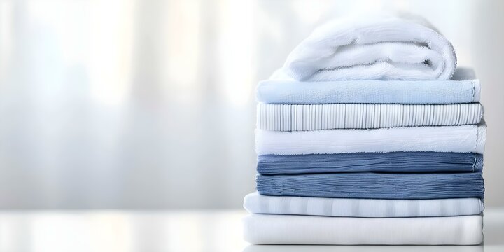 Freshly folded clean linens stack from industrial laundry service for businesses. Concept Industrial laundry service, Clean linens, Business solutions, Textile care, Linen folding