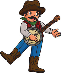 Cowboy Playing Banjo Cartoon Colored Clipart 