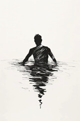 A black and white sketch of a swimmer slicing through calm water