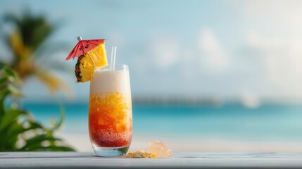 Refreshing tropical cocktail with pineapple garnish on a beach.