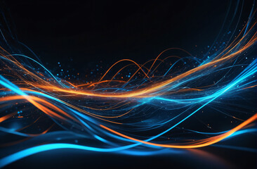 Naklejka premium background for tech themes. Abstract wallpaper of a digital data stream, representing connectivity and cyberspace, with beautiful blue and orange lights 