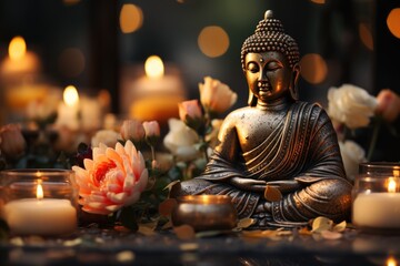 Mahavira Jayanti Bronze Statuette da Divinity White candles and lotus lords Budd, generative IA