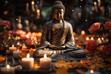 Mahavira Jayanti Bronze Statuette da Divinity White candles and lotus lords Budd, generative IA