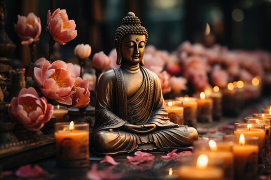 Mahavira Jayanti Bronze Statuette da Divinity White candles and lotus lords Budd, generative IA