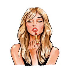 Watercolor beautiful blond hair woman holding lipstick. Makeup illustration 