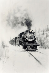 A black and white sketch of a steaming locomotive chugging through a snowy landscape