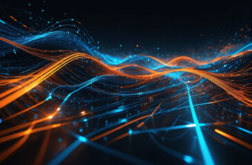 background for tech themes. Abstract wallpaper of a digital data stream, representing connectivity and cyberspace, with beautiful blue and orange lights	