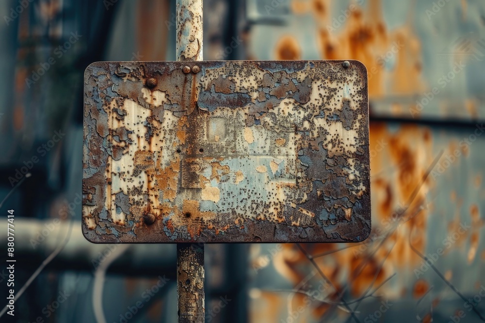 Poster a close-up view of a rusted metal sign on a pole in front of a building