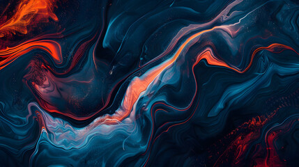 Obraz premium Abstract marble background with orange curls. Liquid marbled dark blue, orange golden luxury texture. Natural fluid art painting in alcohol ink technique. 