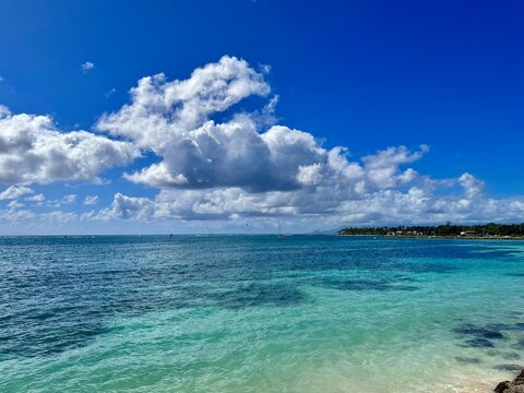 seascape of Guadeloupe in the French West Indies with a view of a lagoon with turquoise waters and a rocky coast with tropical vegetation in the background on a sunny day

