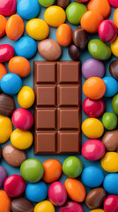 Chocolate Bar Surrounded by Colorful Candies