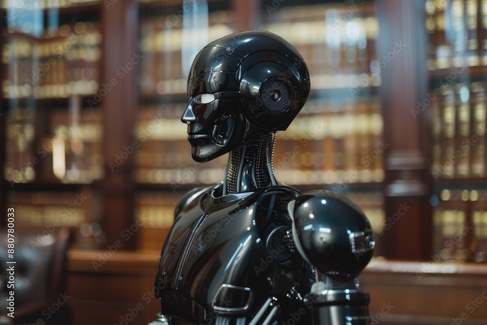 Poster A robot statue sits on a shelf in a quiet library, surrounded by books and calm atmosphere