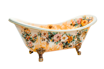 A large, antique ornate bathtub with flowers painted on it on a cut out PNG transparent background
