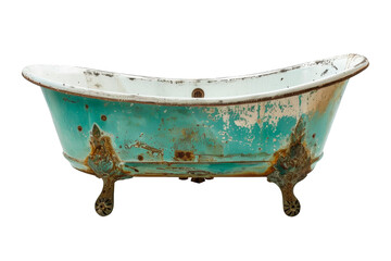 Antique bathtub with a green color and rusted metal on a cutout PNG transparent background