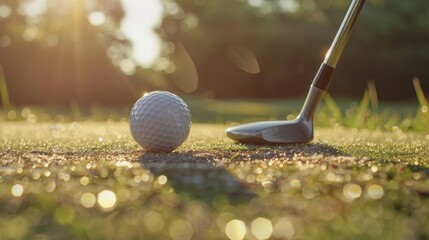 Golf Ball on Dew-Covered Grass with a Putter