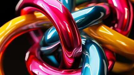 For wallpaper, background, and digital design, abstract, knot, and iridescent loop. Creative, colorful closeup of organic design shapes and smooth curves on black.
