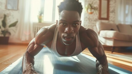 Red glow and overlay on arms in living room, black man plank exercise and floor with joint pain. African Gen Z guy, vision, training, and goals for health, strength, and muscle development