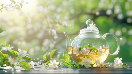 Glass teapot with herbal tea and blooming jasmine flowers on wooden table in springtime.