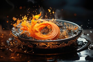 Yin Yang Yin Golden and Black symbol with floating powder there, generative IA