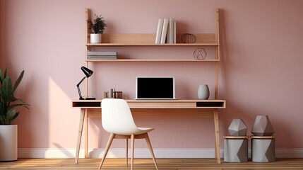 Minimalist Home Office Desk with Pink Wall.