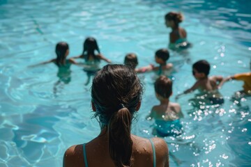 Group of kids learning swimming in indoor summer pool. One girl stands and looks at them with uncertainty. Fear of water concept.