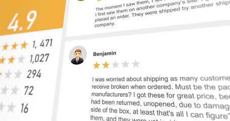 List of scrolling customer reviews, rating of product or services with testimonials, users feedback, footage