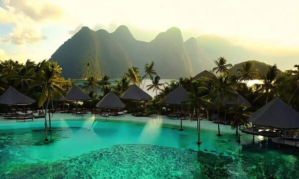 Luxury overwater villas on blue lagoon, white sandy beach and Otemanu mountain at Bora Bora island, Tahiti, French Polynesia