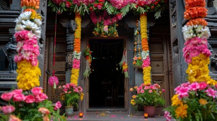 An Indian temple entrance adorned with vibrant flower garlands