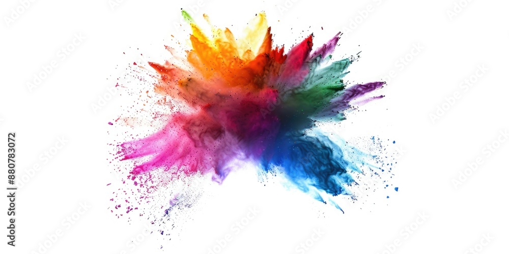Poster a vibrant and dynamic image of a colorful explosion of powder on a white background, suitable for us