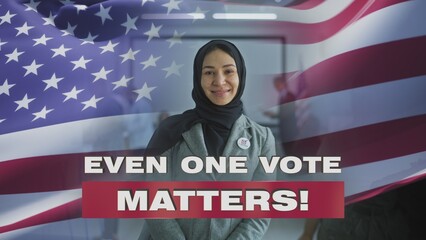Muslim US woman with badge smiles and looks at camera after voting. 3D visual effect of waving...