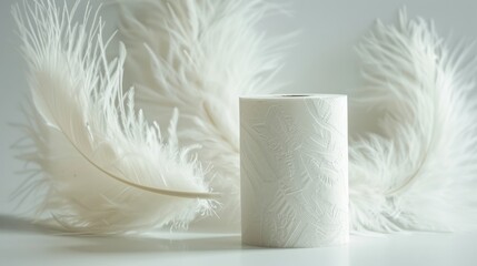 Toilet paper roll and white feather on light background with text space