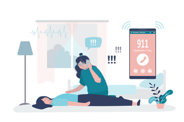 Woman faints, female user calls an ambulance or 911 via cellphone. Emergency call, fast first aid. Medical rescue and help. Healthcare, medicine treatment.
