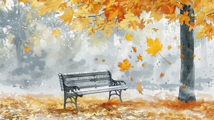 Empty Bench in Autumn Park Scene