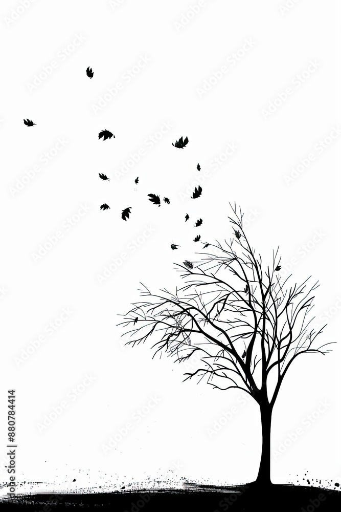 Poster a black and white sketch of a tree with birds perched on its branches