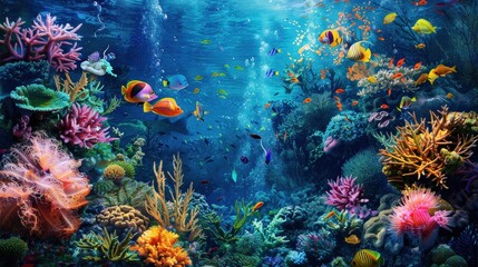 Underwater scene with coral and fish, where AI melds colors and forms into art