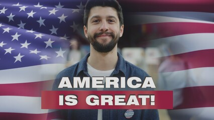Male US citizen with badge smiles and looks at camera. 3D animation of waving American flag....