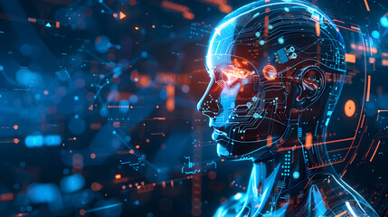 Fototapeta premium Big data and artificial intelligence concept. Machine learning and cyber mind domination concept in form of men face outline outline with circuit board and binary data flow on blue background.