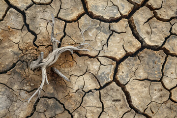 Dried earth in cracks. Drought, climate change. Top view.