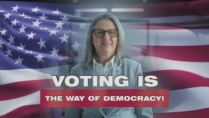 Mature American woman smiles and looks at camera after voting. 3D visual effect of waving US flag....