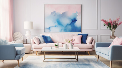 pink and blue living room interior background