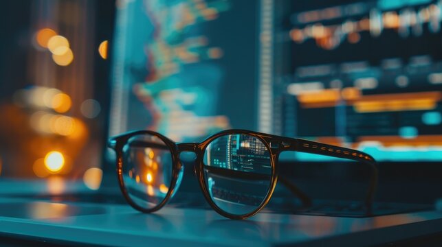 Entrepreneur s spectacles resting on portable computer
