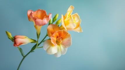 Colorful freesia flower close up on light blue background with shallow focus