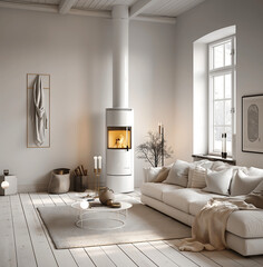 Cozy Living Room with White Sofa, Wood-Burning Stove, and Natural Light