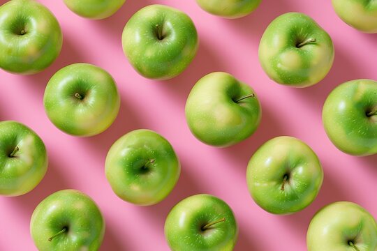 Pattern of ripe green apples on pink background. Arranged fresh whole apples flat lay, top view. Summer natural food, design elements. Lots of raw apples. Tasty and juicy. Minimal trendy fruit concept
