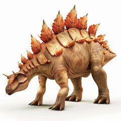 Fototapeta premium A gentle Stegosaurus with its signature row of bony plates along its back and spiked tail, isolated on white background.